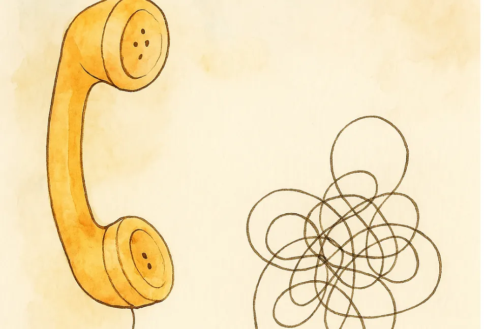 A watercolor illustration with minimal ink lines of an old phone’s gear handset and a long string tangled