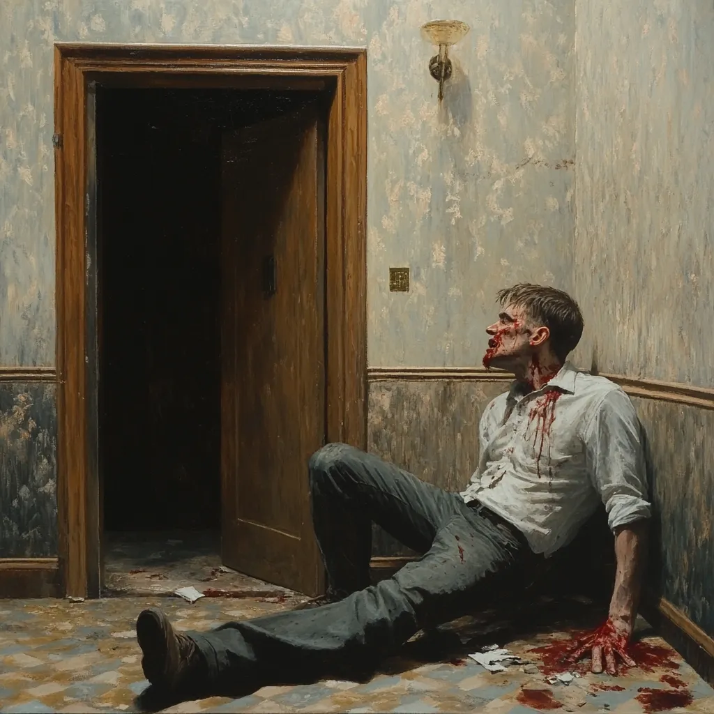 Bleeding man outside a hotel room.