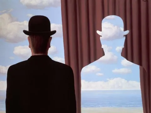 Man from the back looking at the sea next to his own silhouette cut out in a curtain