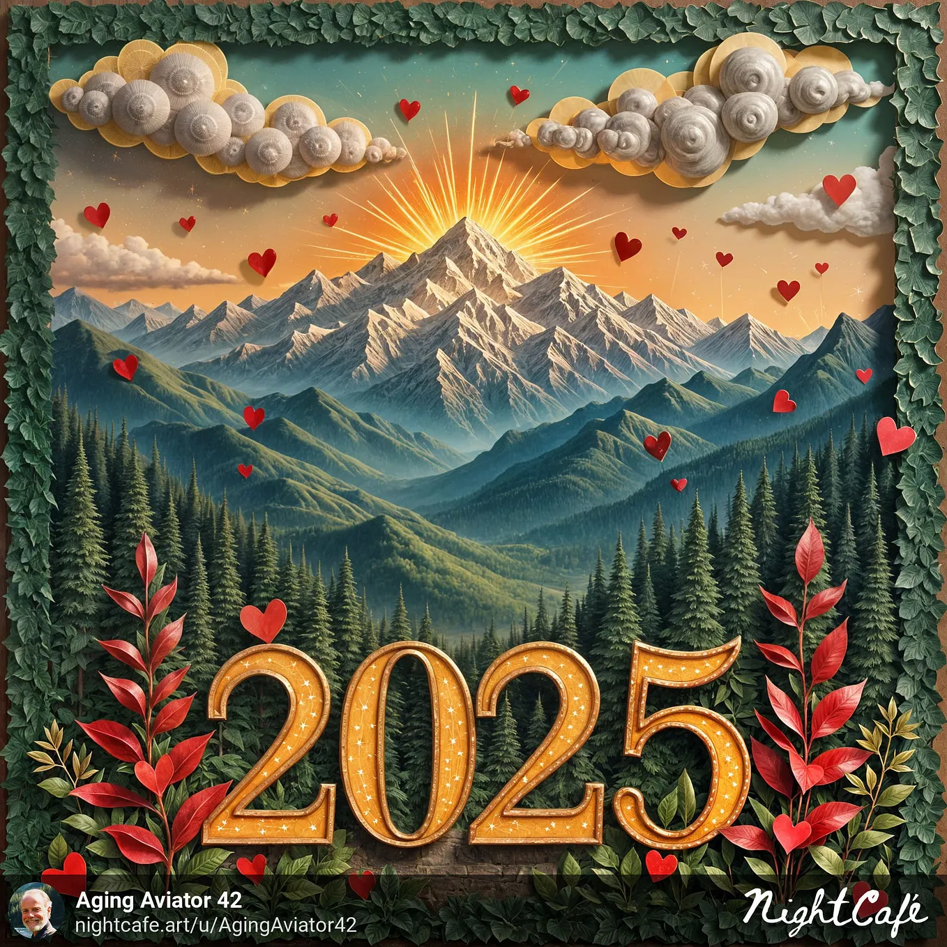 The year 2025 is shown in the foreground, against a background of mountains and forests, with the sun just behind the highest and snow-capped peaks, with some stylish clouds in the sky.