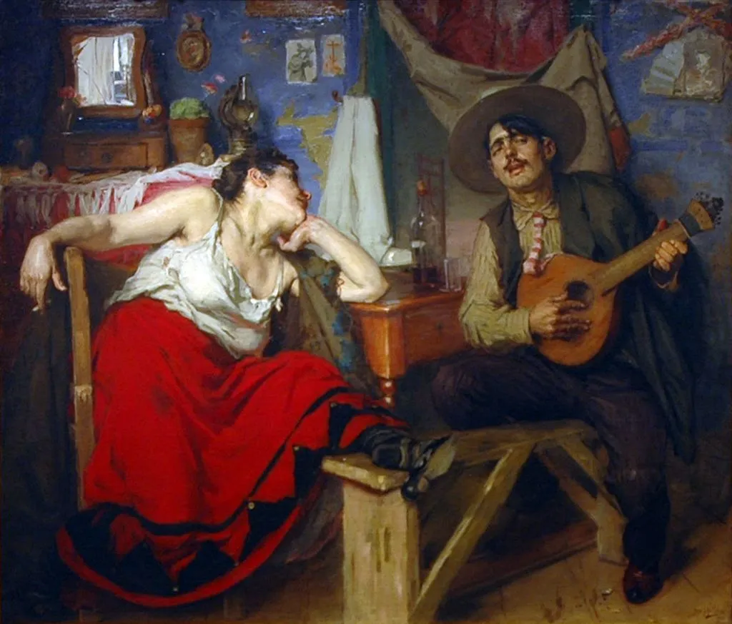 A Portuguese woman looking at a male “fadista” while he plays his guitars and sings a fado.