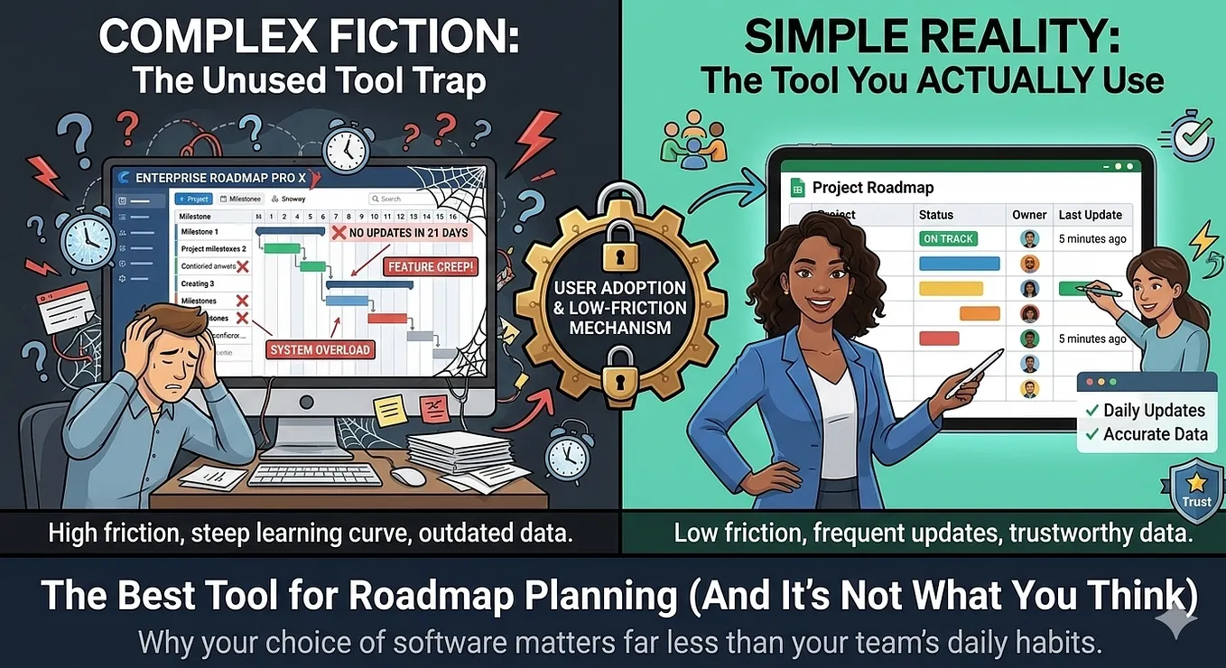 Split-screen illustration comparing “Complex Fiction” vs. “Simple Reality.” Left: A stressed TPM at a messy desk with a complex, outdated roadmap tool labeled “No updates in 21 days.” Right: A confident TPM pointing to a clean, simple spreadsheet roadmap with “Daily Updates” and “Accurate Data.” A central gear labeled “User Adoption” connects them. Bottom text: “The Best Tool for Roadmap Planning (And It’s Not What You Think).” Image generated by Gemini.