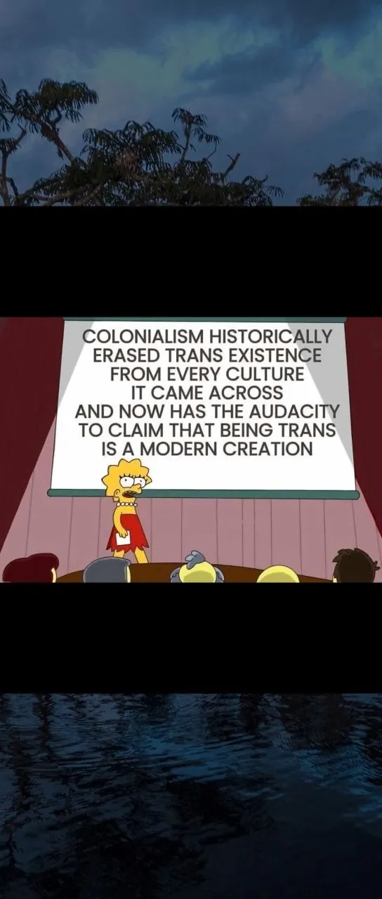 A shot of Lisa Simpson in her signature pearls and red dress teaching in front of a crowd with an irritated expression on her face, a projected screen behind her stating, “Colonialism historically erased trans existence from every culture it came across and now has the audacity to claim that being trans is a modern creation”