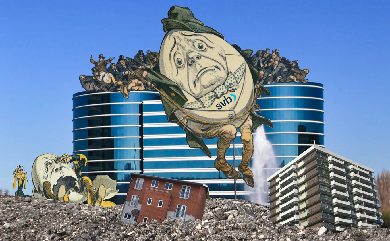 A glass-and-steel, high-tech office building. Atop it is a cartoon figure of Humpty Dumpty, whose fall has been arrested by masses of top-hatted financiers, who hold fast to a rope that keeps him in place. At the foot of the office tower is heaped rubble. On top of the rubble is another Humpty Dumpty figure, this one shattered and dripping yolk. Protruding from the rubble are modest multi-family housing units. Image: Lydia (modified) https://commons.wikimedia.org/wiki/File:Vicroft_Court_Starley