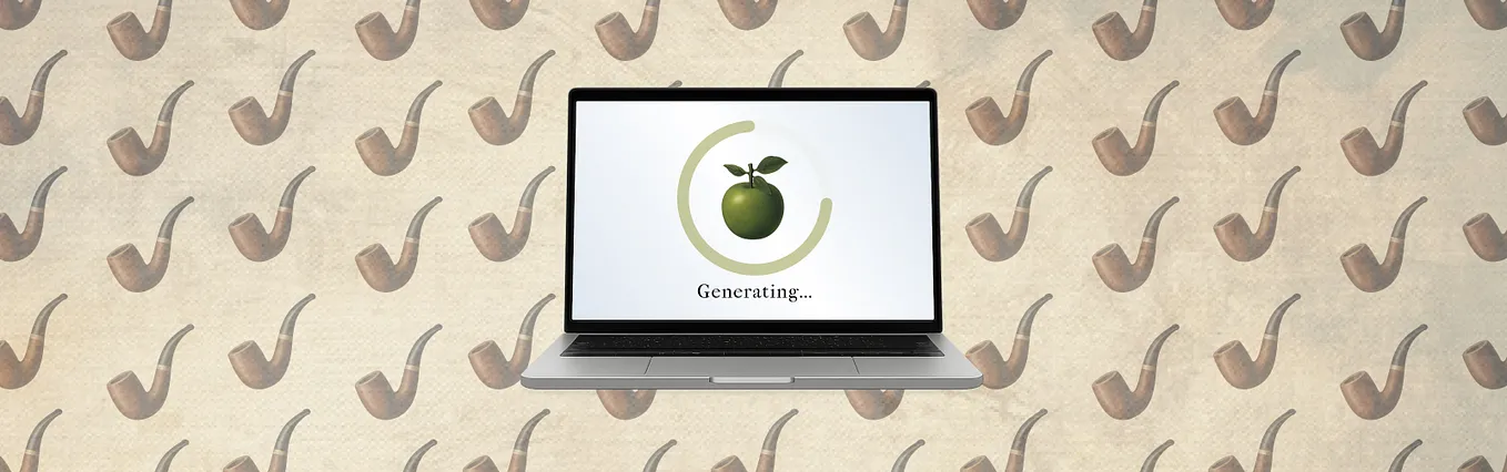 A laptop with a white screen shows a loading spinner and the word “Generating…” over a beige background patterned with pipes.