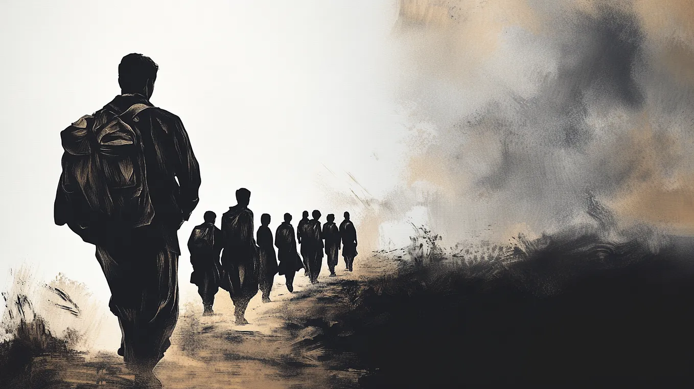 A group of people moving to an uncertain future.