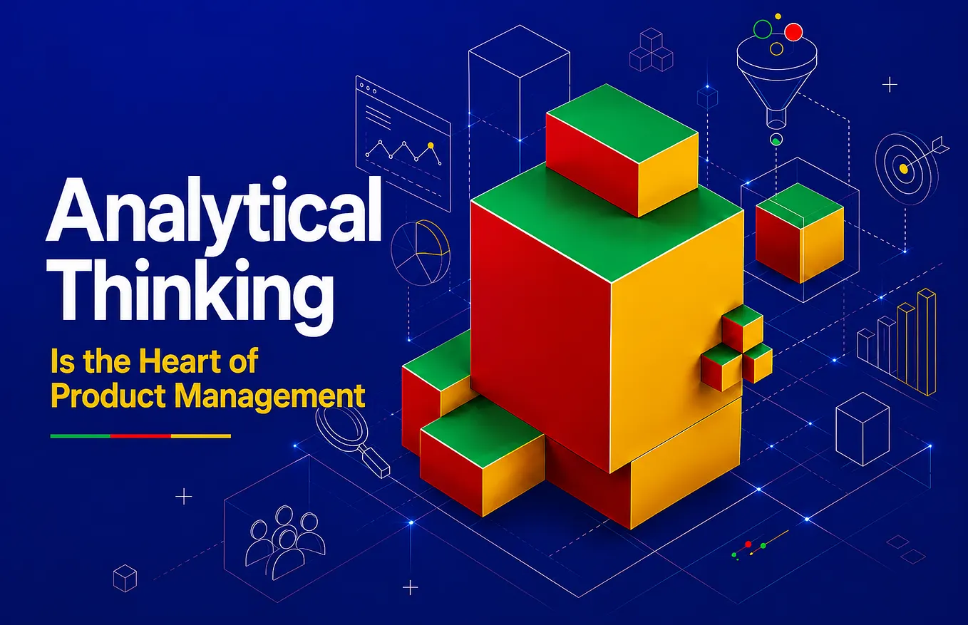 Abstract visualization of analytical thinking in Product Management, showing data, user insights, business metrics, experimentation, and decision-making elements connected through a central analytical framework.