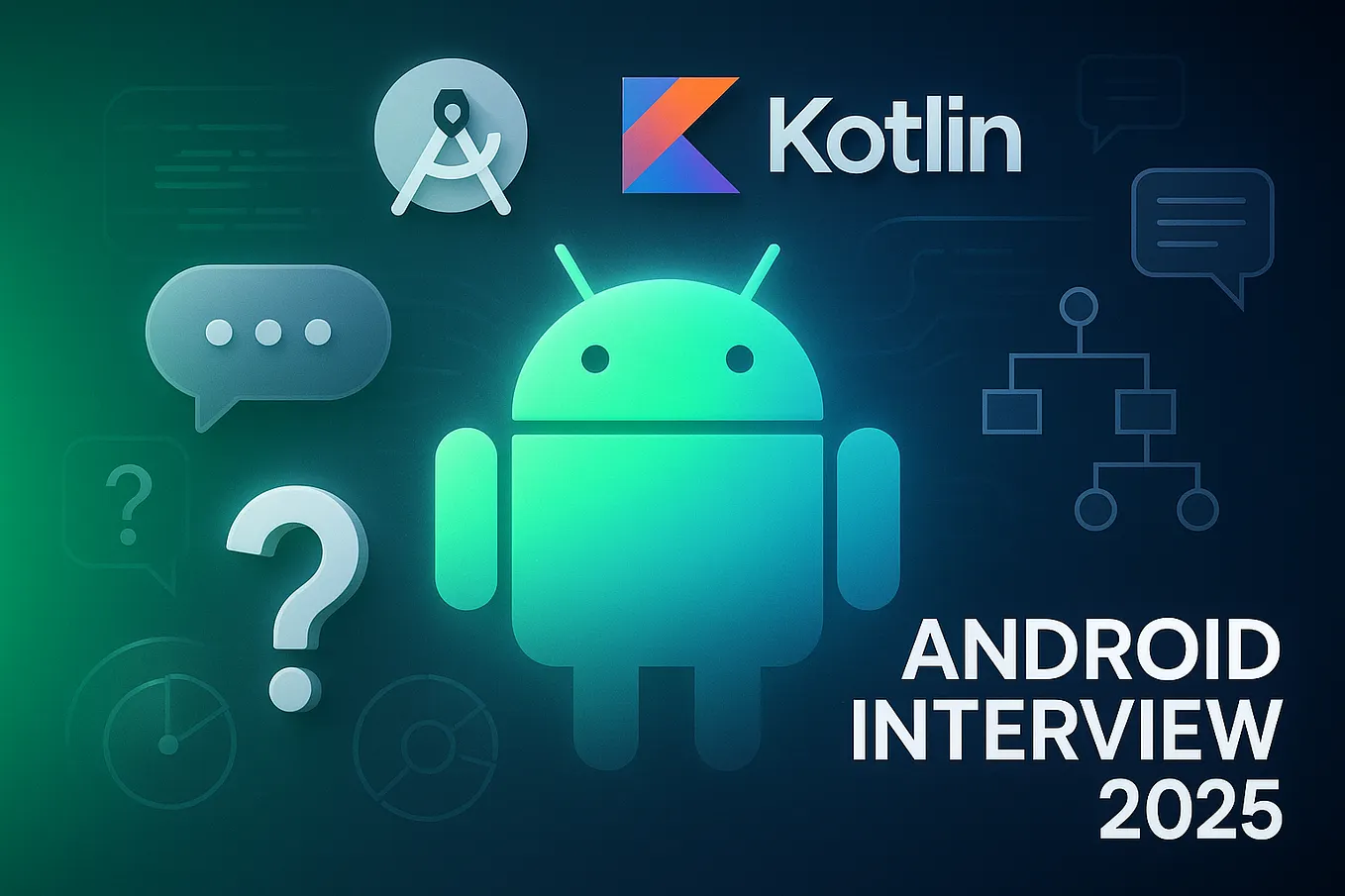 Professional Android developer interview guide thumbnail featuring official Android, Kotlin, and Android Studio logos with Q&A symbols, abstract code patterns, and interview dialogue elements on Android green and electric blue gradient background.