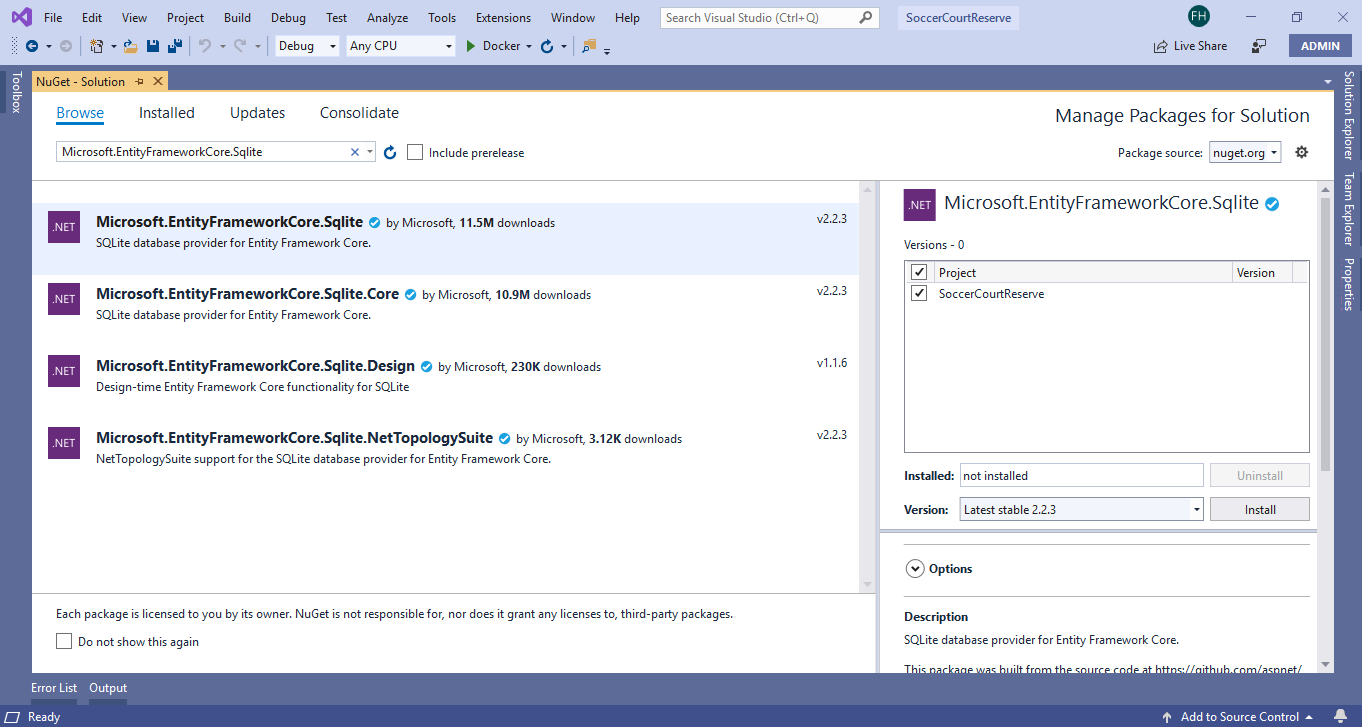 You can Run in the .Net Core CLI the command → dotnet add package Microsoft.EntityFrameworkCore.Sqlite look at https://docs.microsoft.com/en-us/ef/core/get-started/aspnetcore/new-db