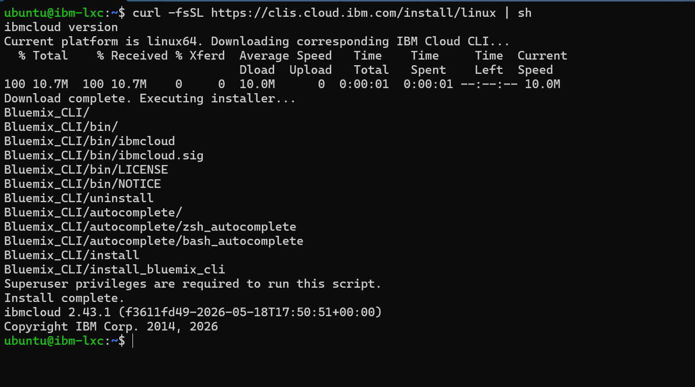 IBM Cloud CLI installation via curl on Linux — 38 seconds end-to-end