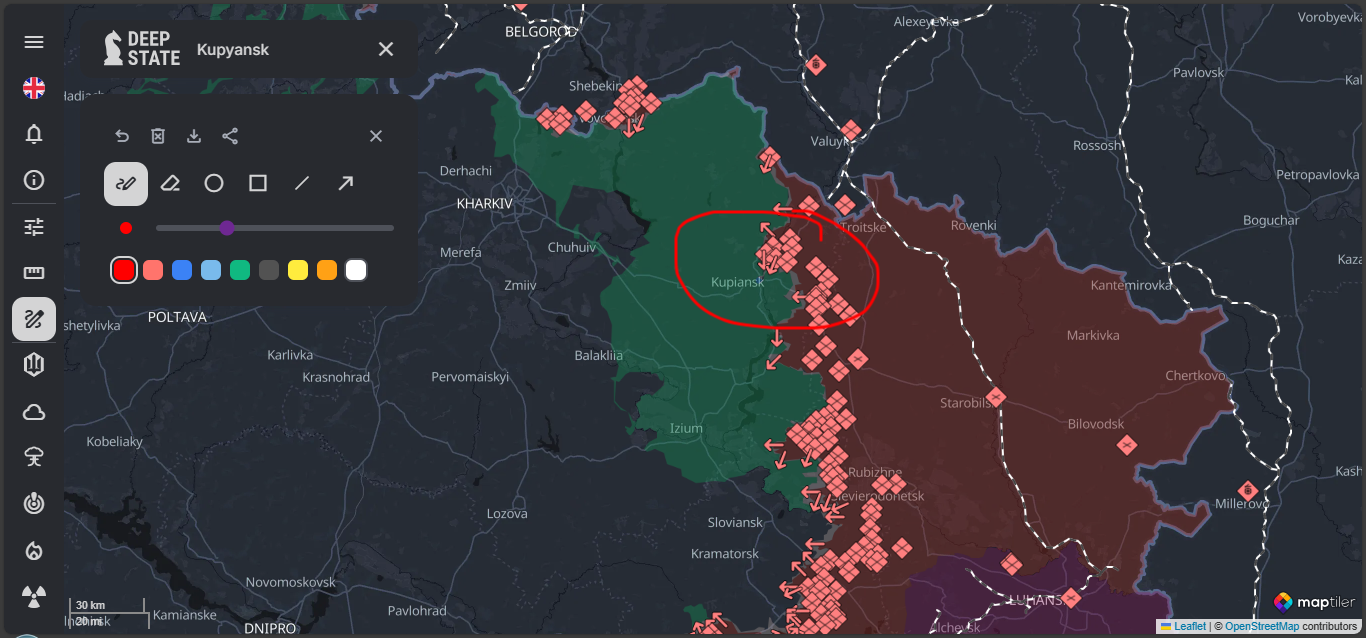 Kupyansk Region | Screenshot Taken by Author | Website: DeepStateMAP | Day 1446 | Map of the war in Ukraine