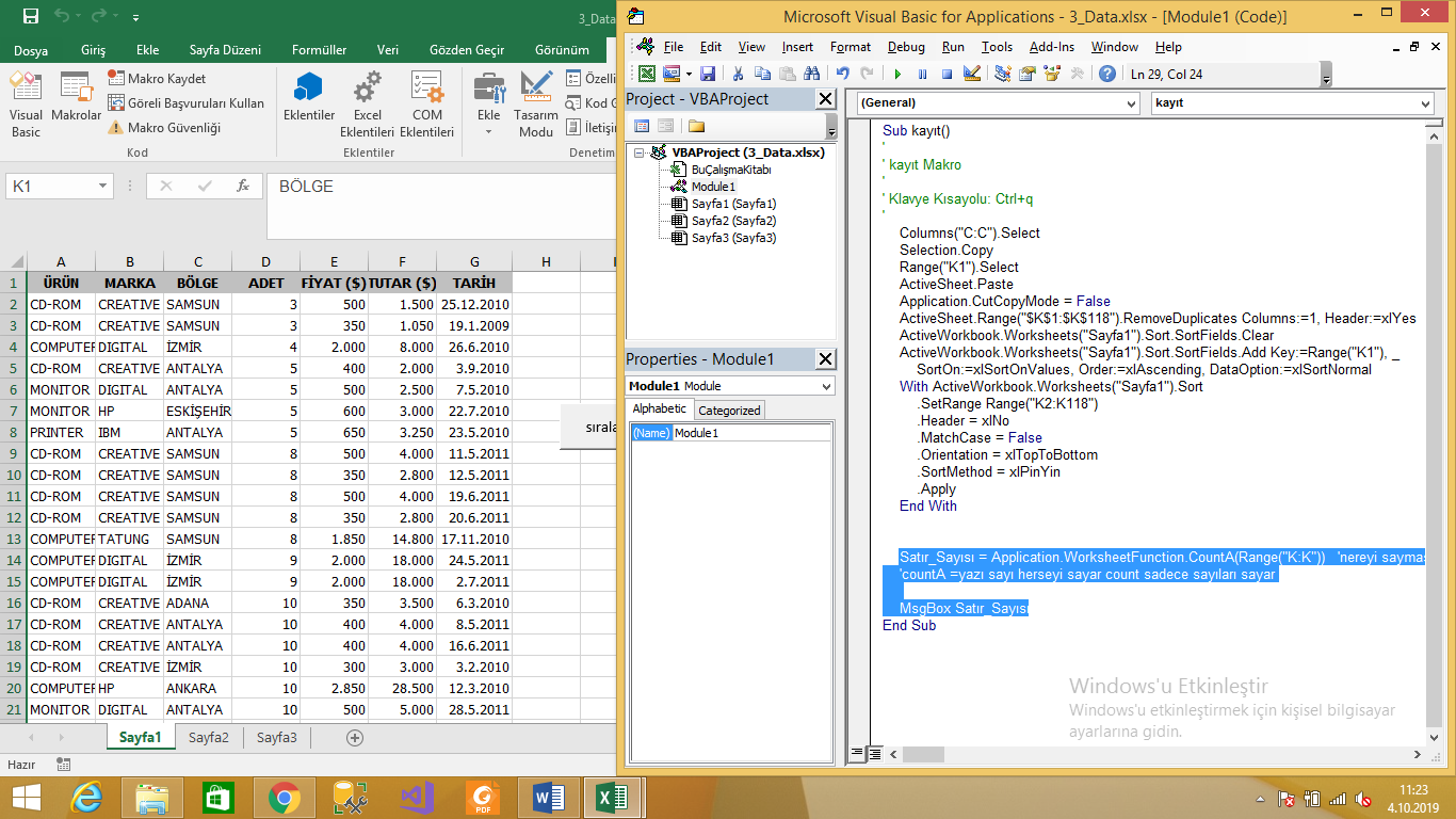 Excel Satır Sayısı Saydırma