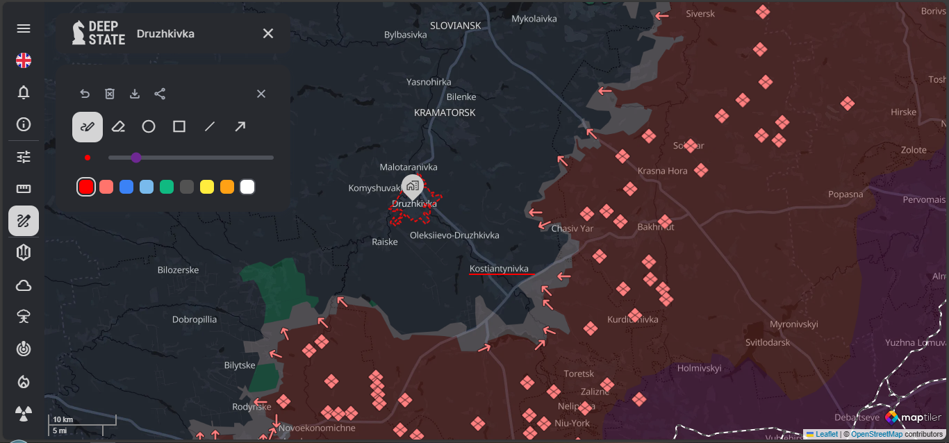 Kostyantynivka & Druzhkivka Region (20 min drive between areas) | Screenshot Taken by Author | Website: DeepStateMAP | Day 1446 | Map of the war in Ukraine