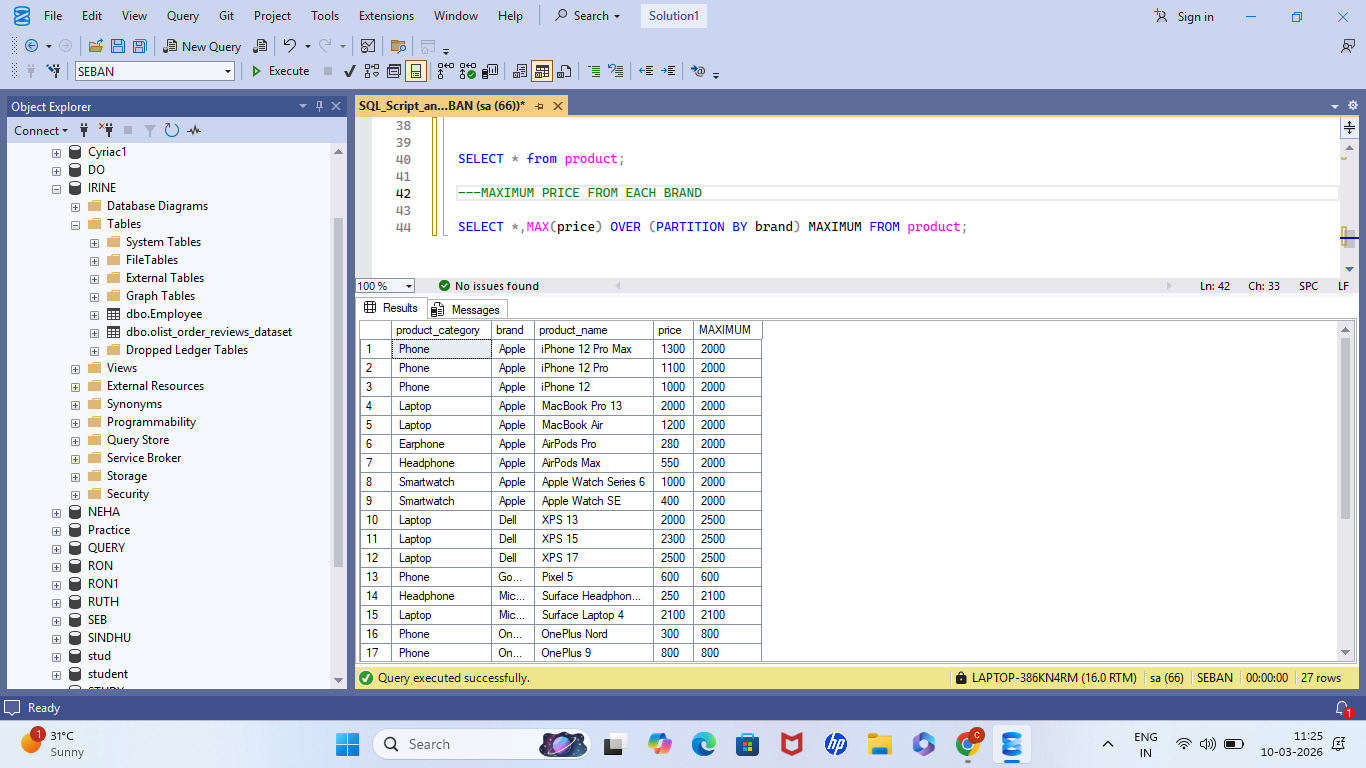 WINDOW FUNCTION IN SQL SERVER