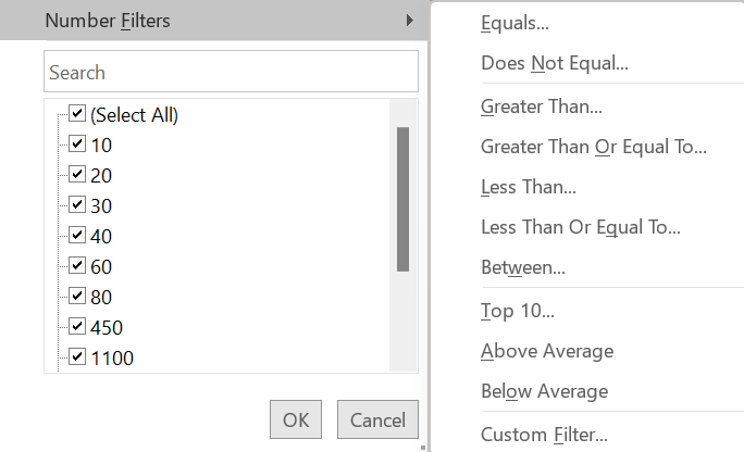 Custom outlet filter excel