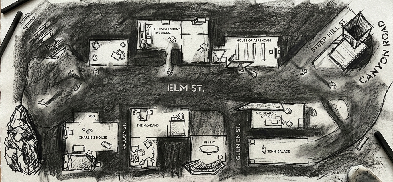 “Deconstructing the floor plan of Dogville. In this village, transparency isn’t honesty; it’s a form of voyeuristic surveillance.” Art Sketch by Author