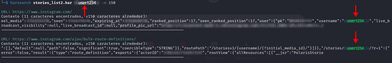 Requests whose response contains “user1234”