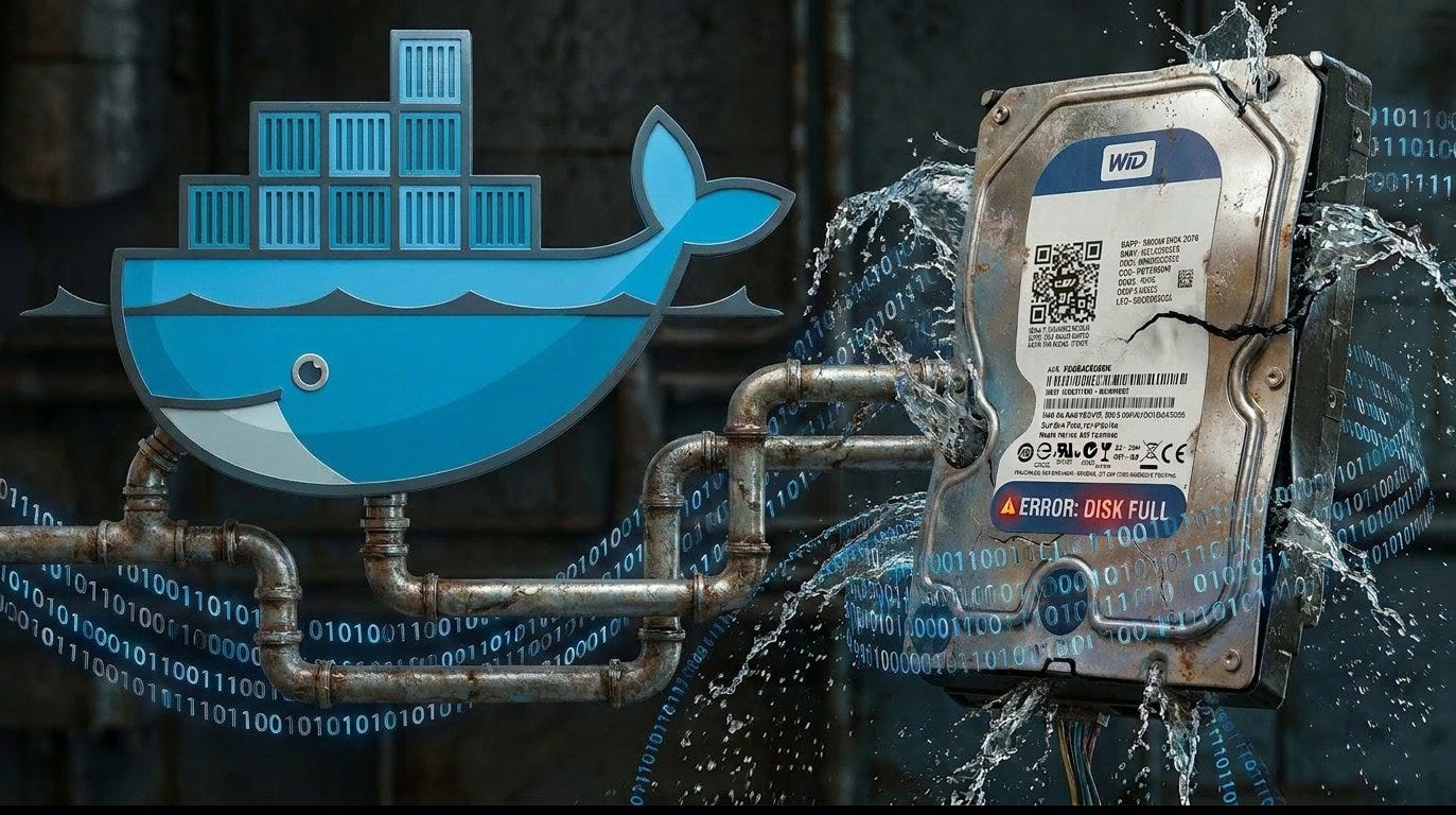 AI generated picture showing the issues of the article: Docker and a bursting hard disk