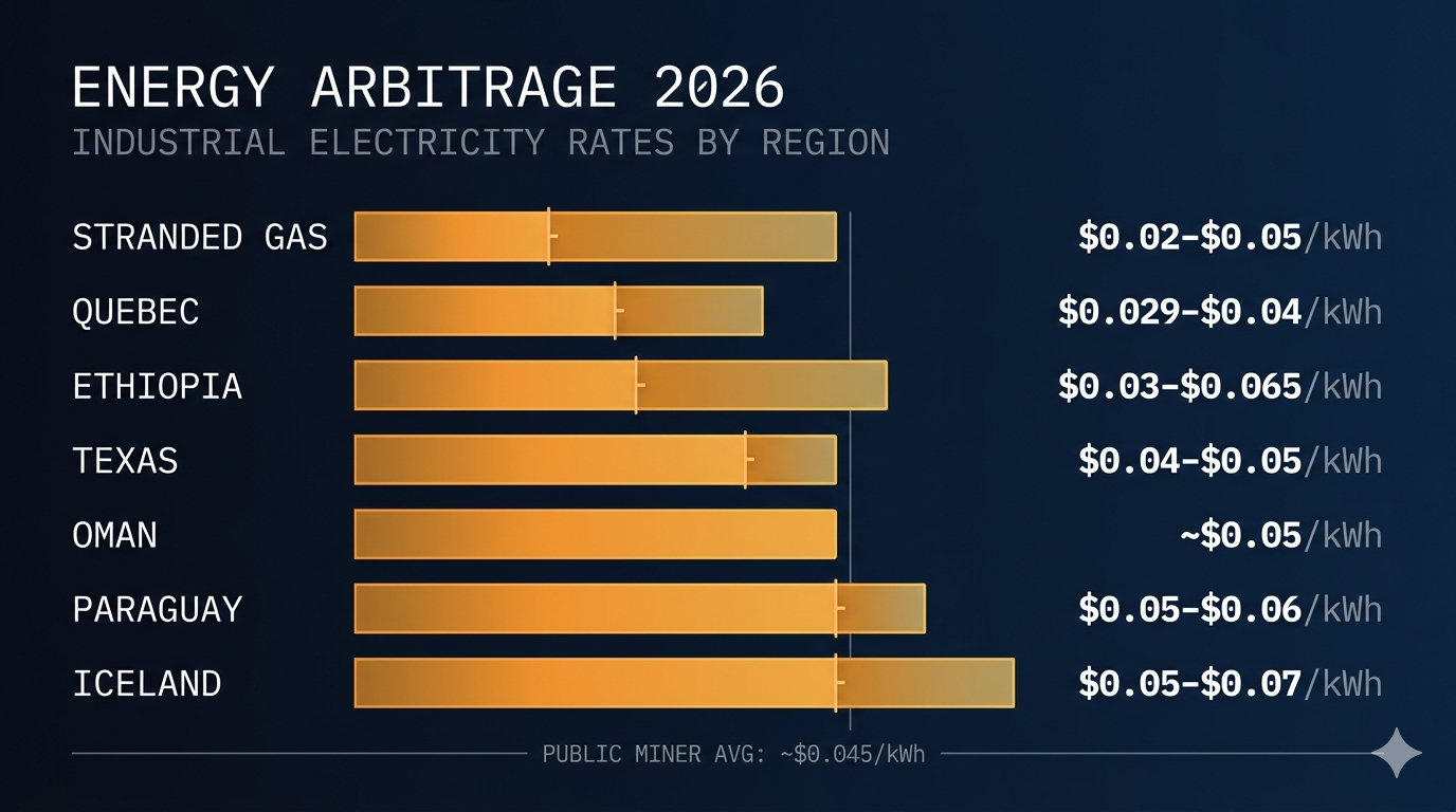 Energy Arbitrage 2026: 7 Regions Where Industrial Miners Pay Under $0.05/kWh