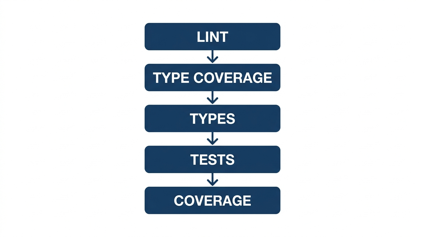One command runs lint, type coverage, type checks, and tests.