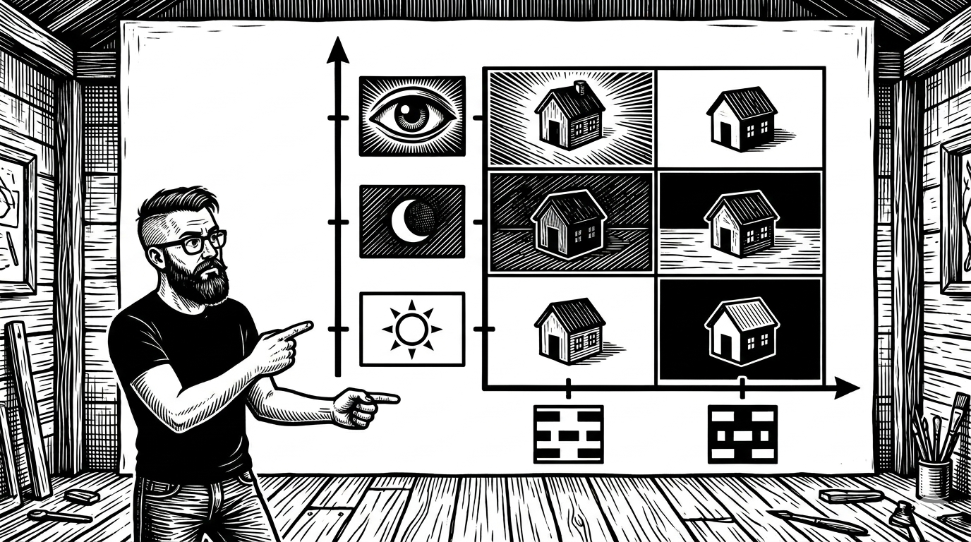 Mode trata de como a pessoa percebe (claro, escuro, daltonismo, alto contraste). Surface trata do que destacar na superfície (padrão ou invertido). São eixos ortogonais — mudar um não afeta o outro. Imagem gerada pelo Gemini (Nano Banana 2.0).