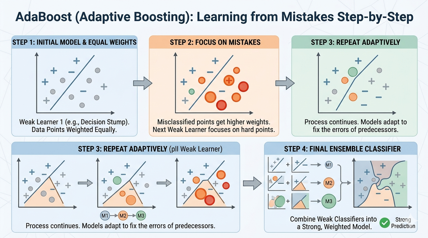 AdaBoost (Adaptive Boosting): Learning from Mistakes Step-by-Step