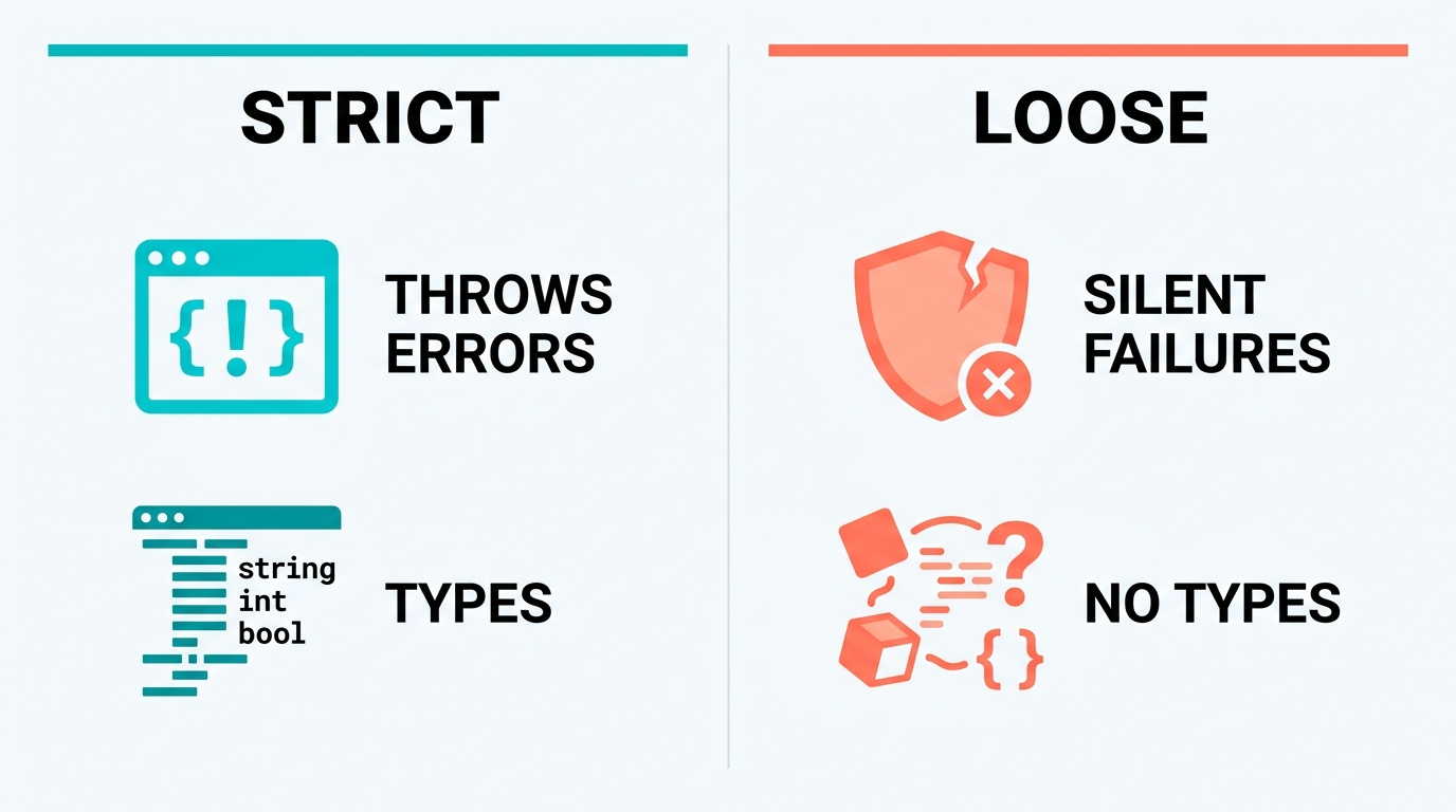 Strict frameworks fail loudly; loose frameworks let agent-generated mistakes slip through.
