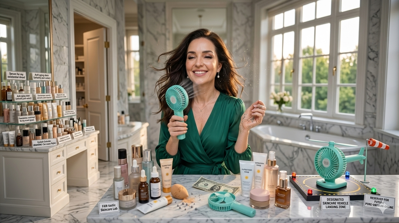 Not a music video — just me trying to dry three layers of serums, a moisturizer, and sunscreen before my 08:00 AM meeting. 🌬️✨ If you aren’t using a mini fan in your morning routine, are you even living in 2026?
