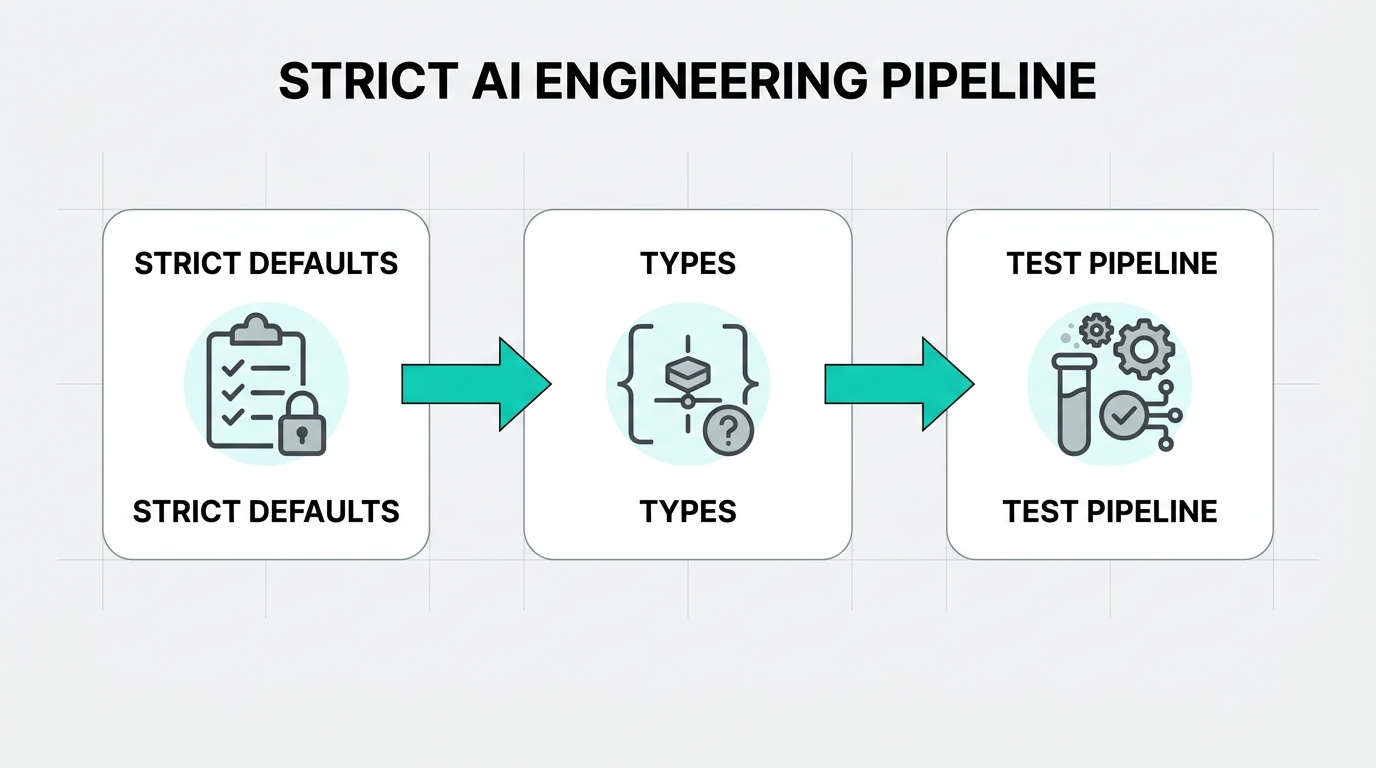 Strict defaults, strong typing, and a test pipeline form the three legs of Nuno’s strict AI engineering argument.