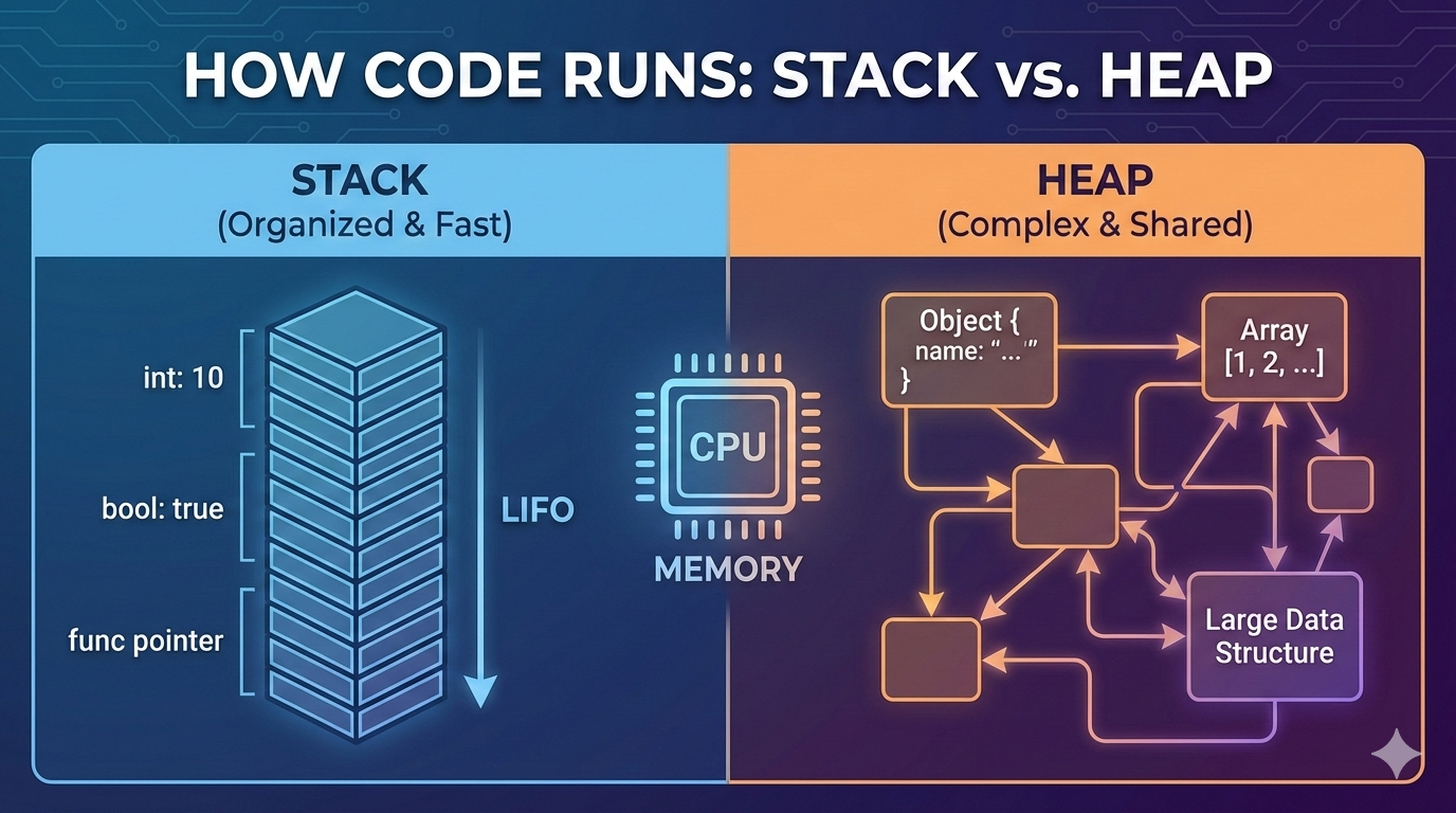 How Code Actually Runs in Memory (Stack vs. Heap)