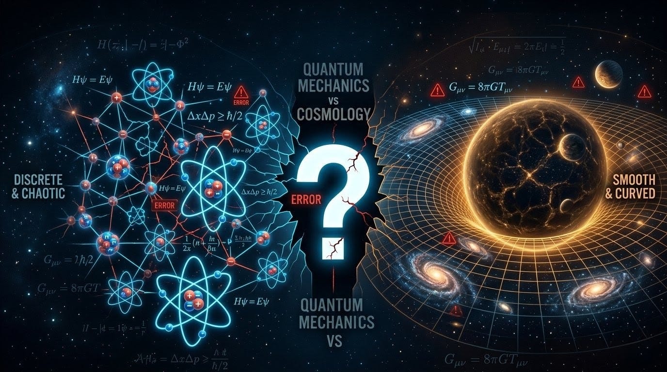 A visualization of the defining crisis in modern physics. On the right, Einstein’s smooth, curved space fabric (General Relativity) governs the massive cosmos. On the left, a chaotic, discrete, particle-based lattice (Quantum Mechanics) governs the subatomic. At the center is the unbridgeable gap: the singularity that generates error alerts and makes both standard models collapse. We cannot unite them.