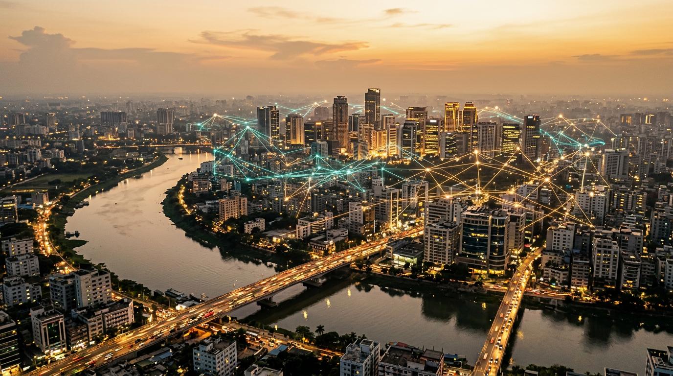 Dhaka at golden hour. Bangladesh’s digital economy hit $16B in 2025, projected to reach $20B by 2030.
