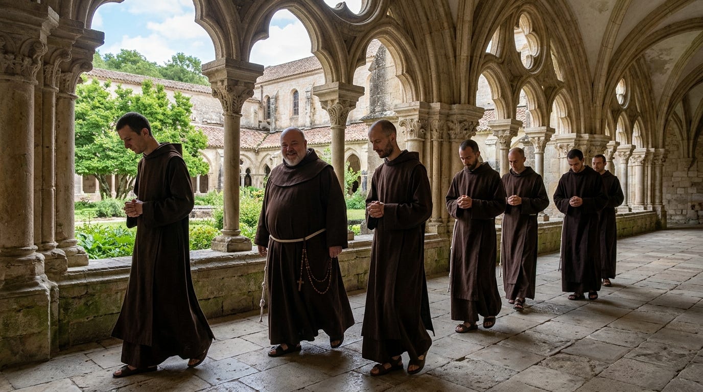 The monks on their way to make some tea — apparently Brother Joseph does not like tea…!