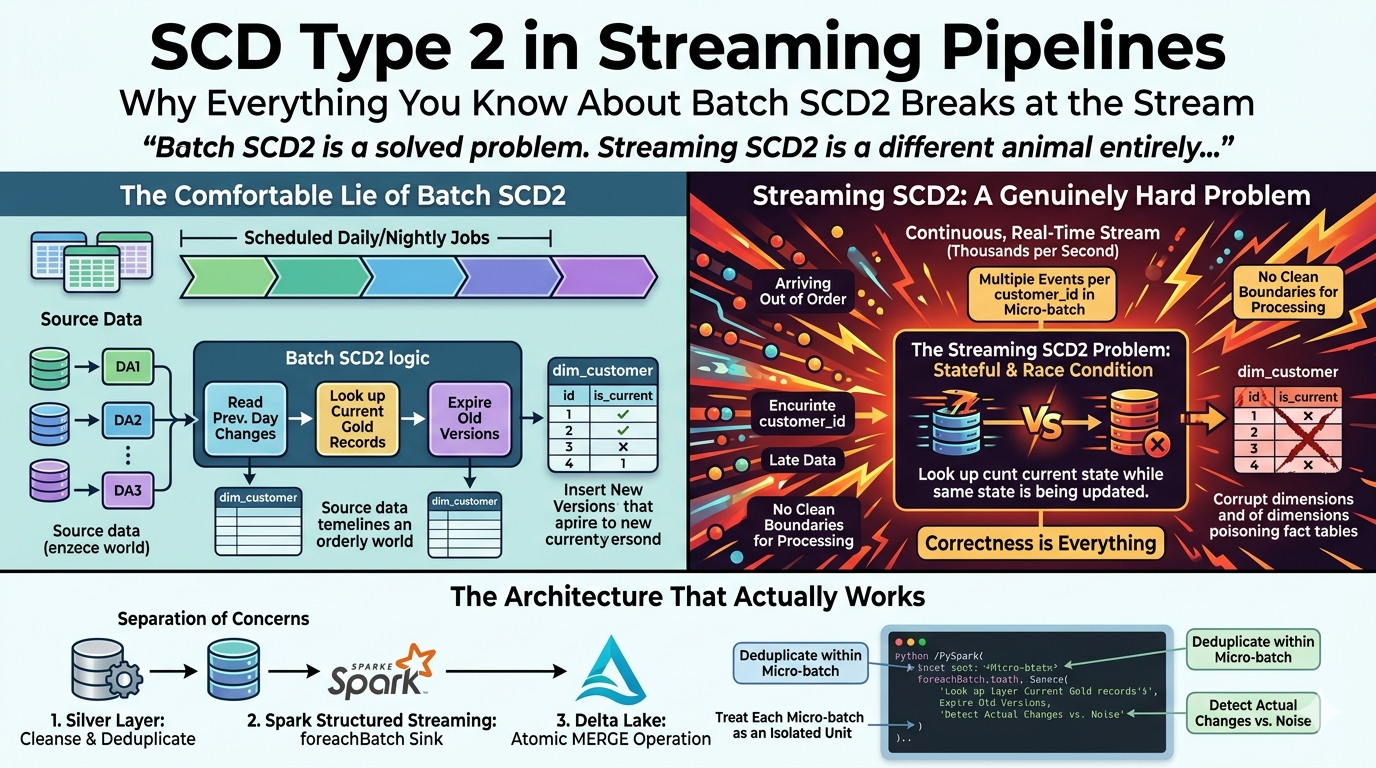 SCD Type 2 in Streaming Pipelines — Why Everything You Know About Batch SCD2 Breaks at the Stream