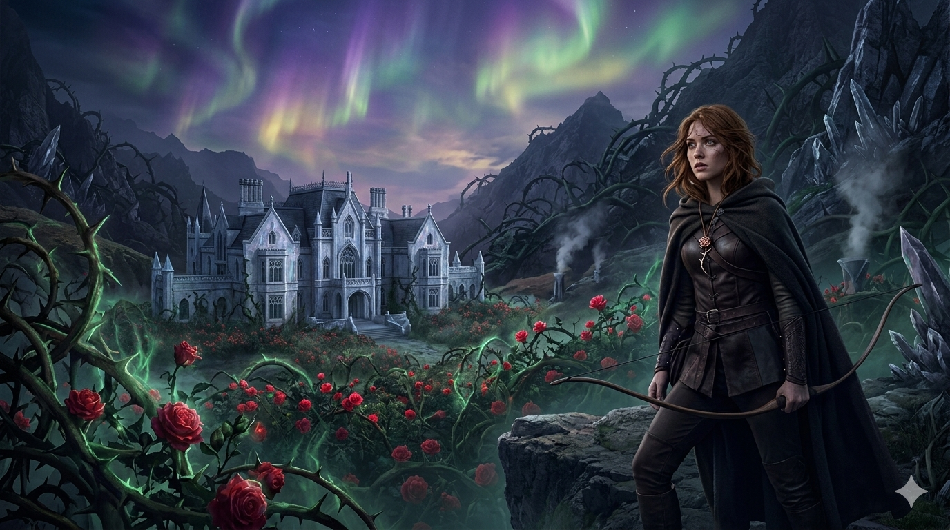 A visualization of the Spring Court in Sara J. Maas’s A Court of Thorns and Roses, capturing Feyre (left) as a human hunter crossing the treacherous magical threshold. The image highlights the Fae architecture — both beautiful and oppressive — with Tamlin’s manor nestled in a valley of glowing roses that are inextricably linked to ancient thorns, symbolizing the central conflict between love, duty, and survival in the first book of the legendary Romantasy series.