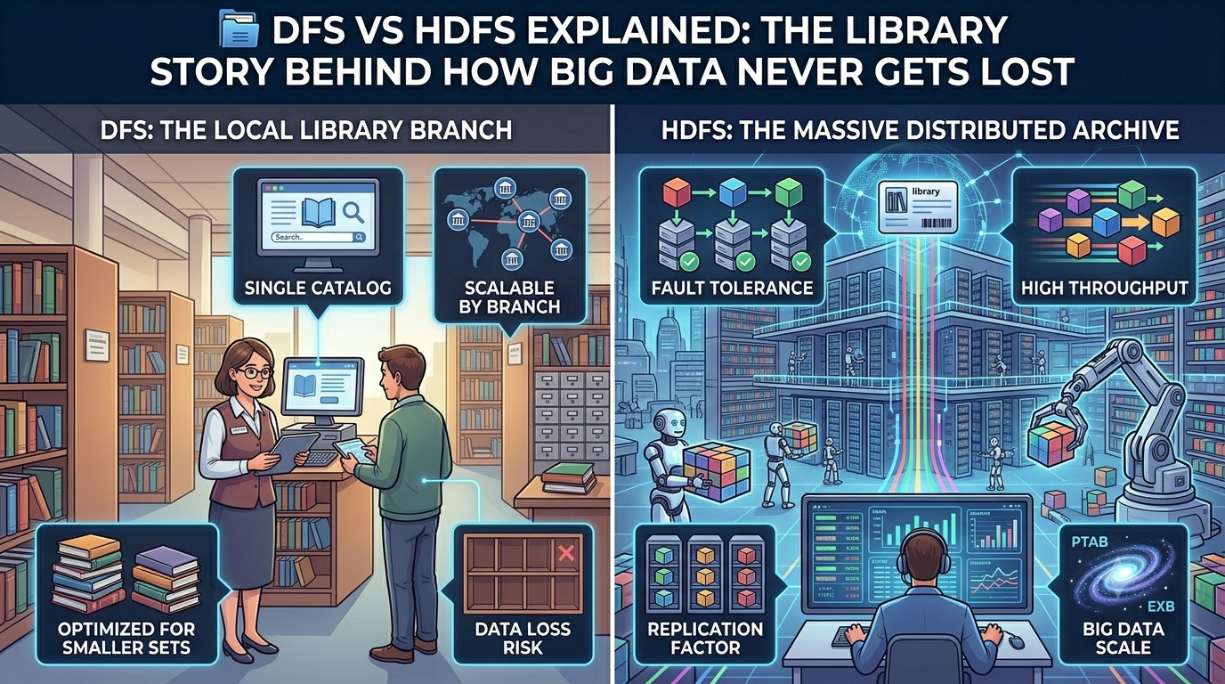🗂️ DFS vs HDFS Explained: The Library Story Behind How Big Data Never Gets Lost