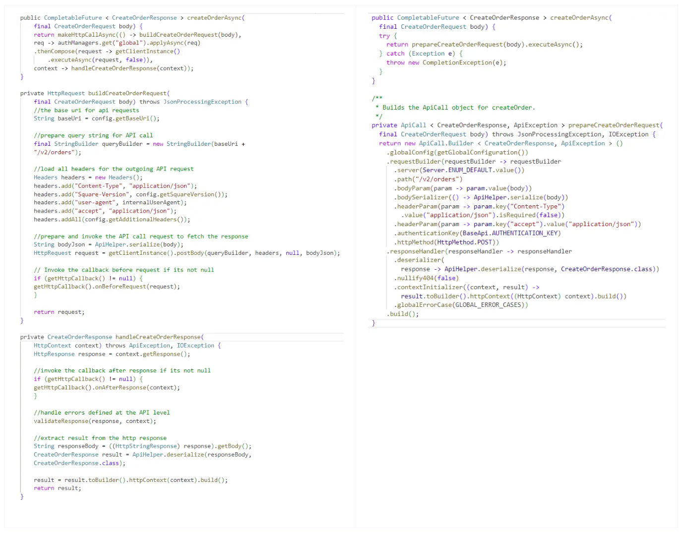 Comparing an API call implementation in the Java SDK before and after Core Libraries