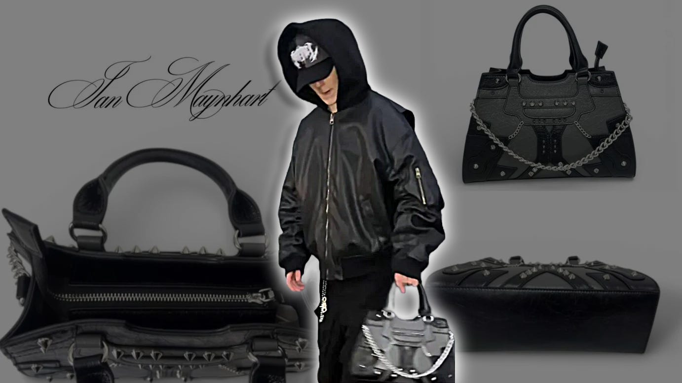 Ian Maynhart strikes first attempt at high fashion with a stylish spike purse.
