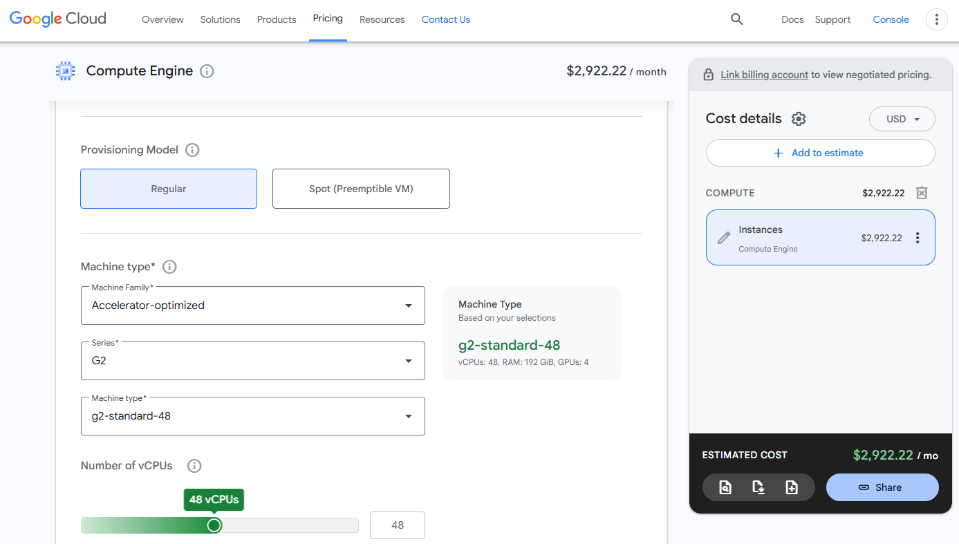 Compute estimates from Google Cloud Pricing Calculator