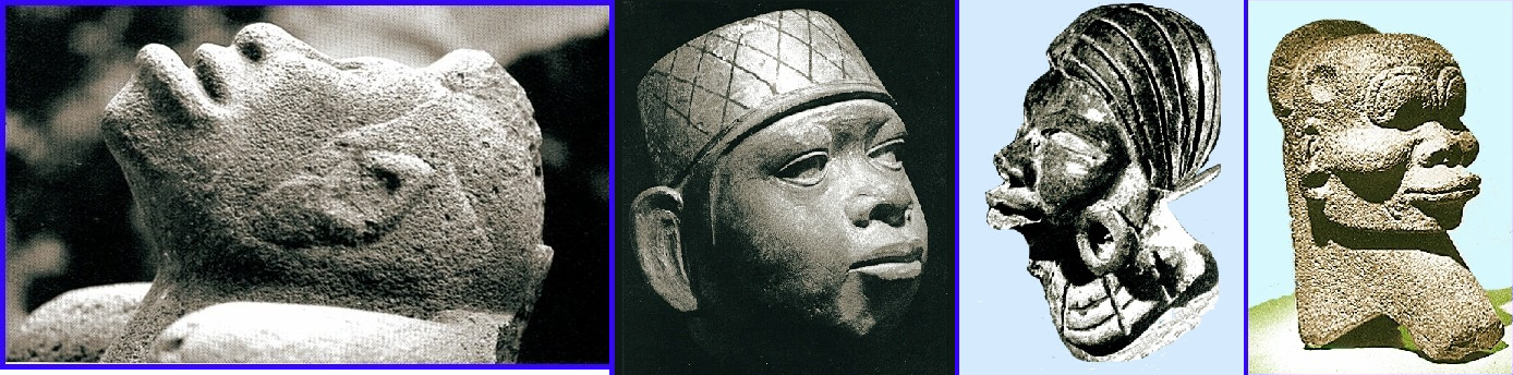 Not Siberian migrants. From the Wuthenau Collection: FAR LEFT: Olmec basalt sculpture of a man gazing at the sky with both hands clasped behind his neck, from La Venta, Tabasco, (circa 600 BC), photo by Stierlin, 1981). LEFT MIDDLE: Ceramic sculpture on a Mochica vessel, 5 1/2 in. high, from northern Peru (circa 600 AD, photo by von Wuthenau, 1975). RIGHT MIDDLE: Ceramic sculpture, 6 in. high, from Teotihuacán, Mexico (circa 150 AD–600 AD, photo by von Wuthenau, 1975). FAR RIGHT: Basalt, head of man, Central Veracruz, Mexico, 9 in. high, Late Classic Period in America (circa 900 AD-1521 AD), photo by Von Winning,