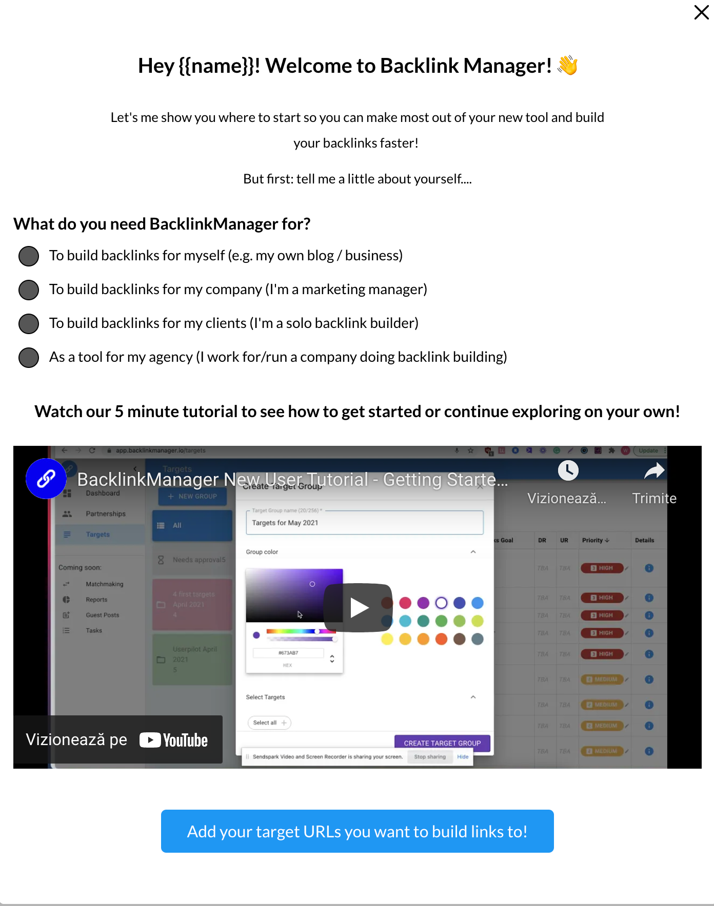 Source: Backlink Manager (built with Userpilot). Jump on a quick demo with us to see how easy you can start building a welcome screen.
