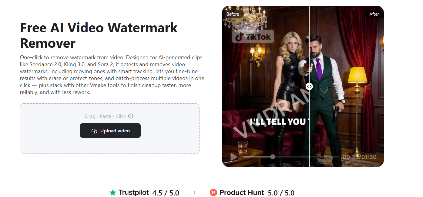 Watermark Remover workspace. (Screenshot by Author via Vmake.ai)