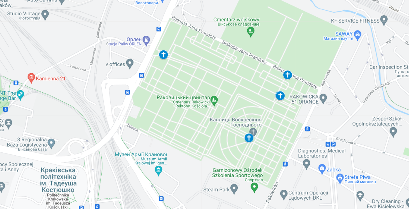Локації з похованнями українців на Раковицькому цвинтарі