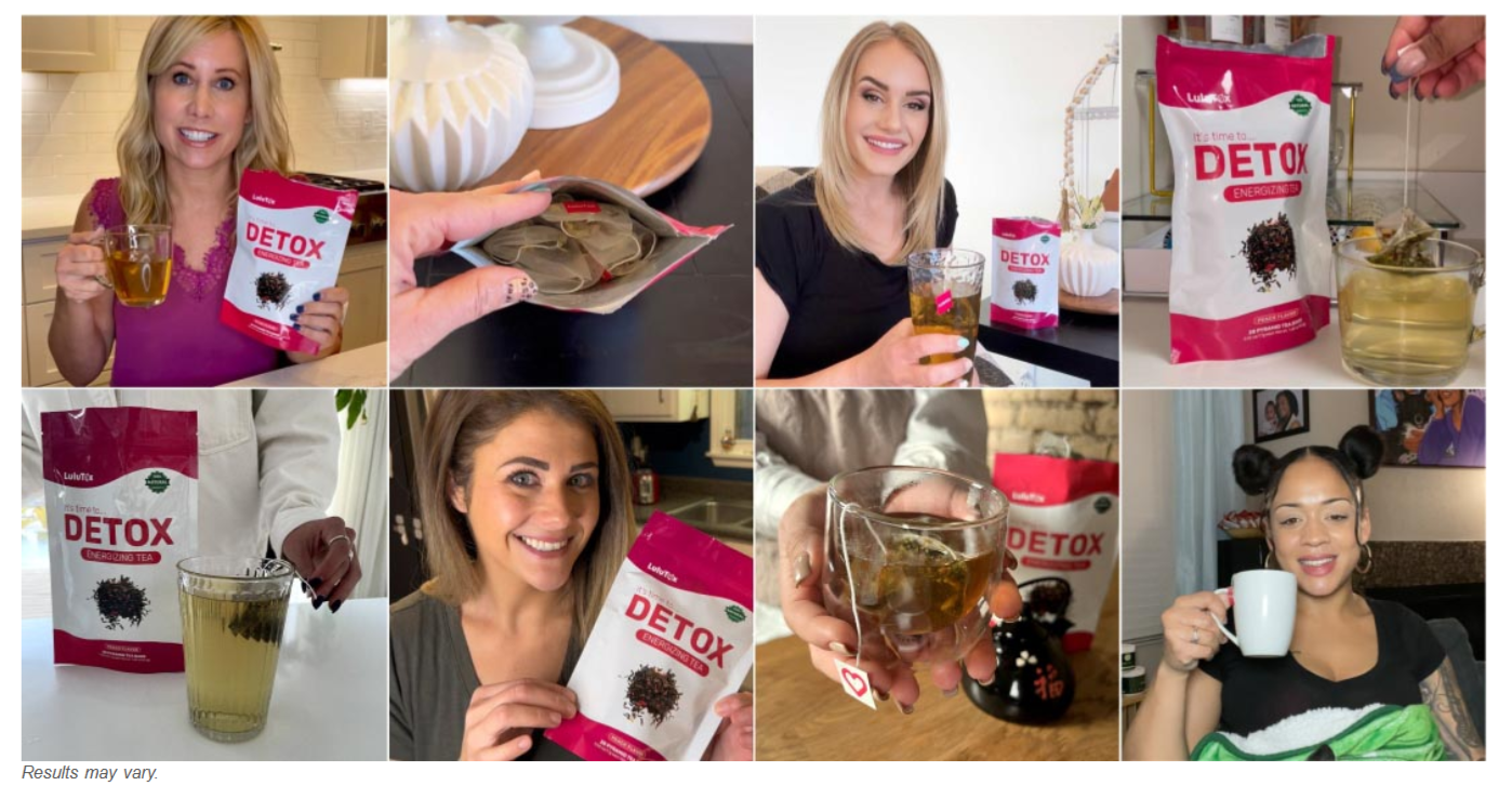 Lulutox Promo picture — Smiling, happy (contrived) young British women pose with a packet of Green Tea that has transformed them — apparently from being previously overweight into super slim models…