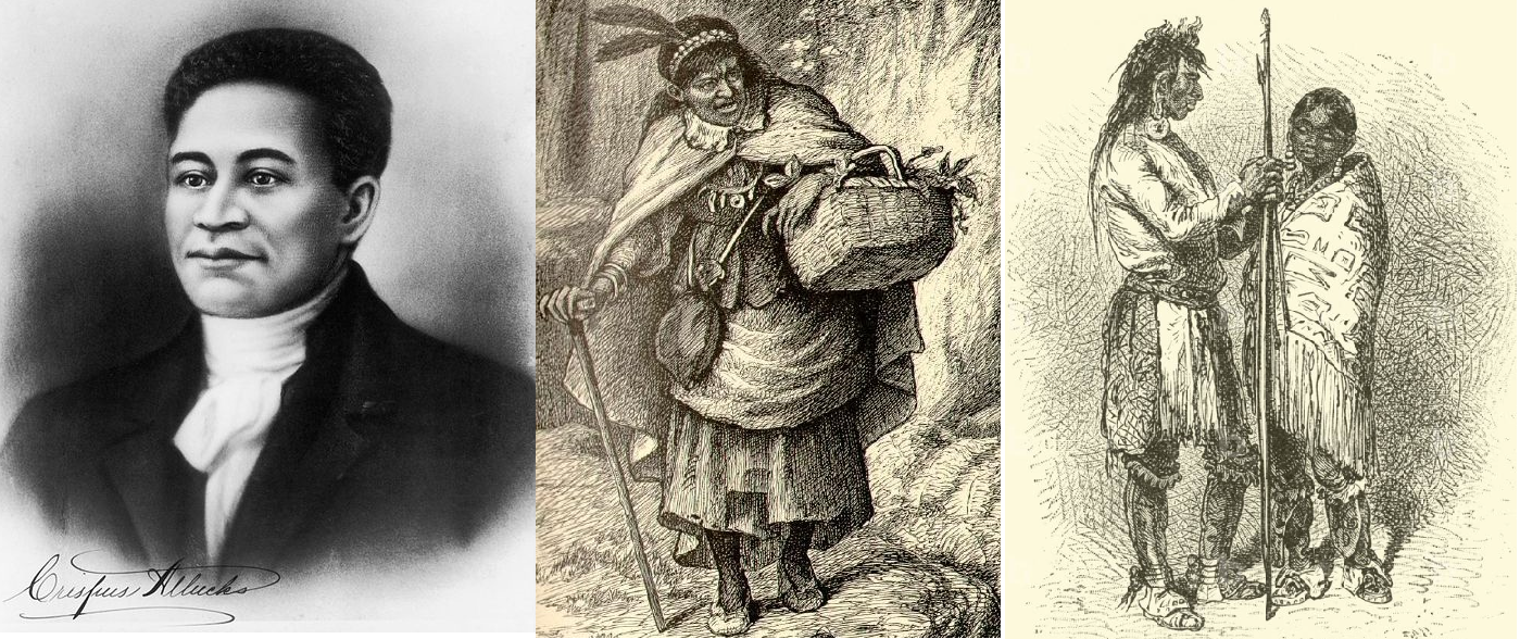 LEFT: Crispus Attucks (c. 1723 — March 5, 1770) was a Black Wampanoag “whaler, sailor, and stevedore regarded as the first person killed in the Boston Massacre, and as a result the first American killed in the American Revolution. Town histories of Framingham written in 1847 and 1887 describe him as a slave of Deacon William Brown. In 1750, Brown advertised for the return of a runaway slave named Crispas,” and described him as “Molatto.” Photo and captions from Wikipedia. Public domain. CENTER: “Illustration of Tituba by John W. Ehninger, 1902.” Tituba (c. 1692–1693) was an enslaved Arawak from Barbados, brought to Massachusetts. Her spouse was John Indian, a Wampanoag. She was accused of witchcraft during the Salem Witch Trials of 1692–1693. Held for one year, but never convicted. “Tituba, illustration by John W. Ehninger.” Published in “Giles Corey of the Salem Farms” (1868) (Houghton, Mifflin & Co.), in The Complete Poetical Works of Henry Wadsworth Longfellow, Boston, 1902. From Wikipedia. Public domain. RIGHT: “Shoshone Indian and his Squaw.” Hodder, Edwin, Robert Brown, and Moses Foster Sweetser. The World: Its Cities and Peoples. London, Paris, New York, Melbourne: Cassell & Company, Ltd., [c. 1882–1890]. Colonizers of this time had difficulty sorting the ethnicities of Black indigenous, Siberian, and African enslaved.