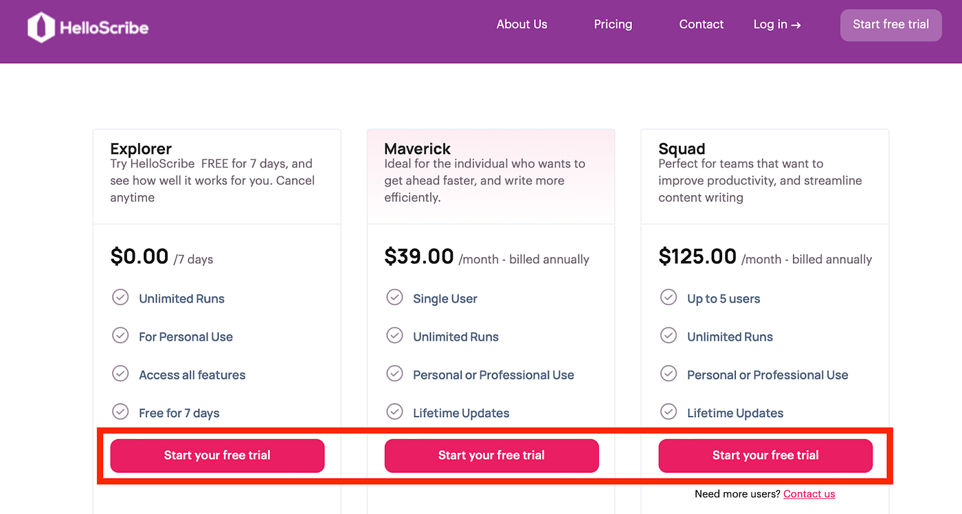 The pricing page of HelloScribe highlighting how offering free trials can optimize a pricing page