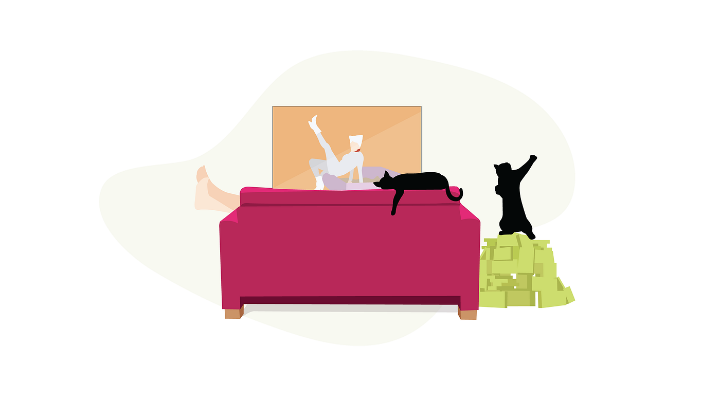 A graphic illustration of a woman in a white catwoman suit on the TV. A black cat dabs on top of a stack of cash.