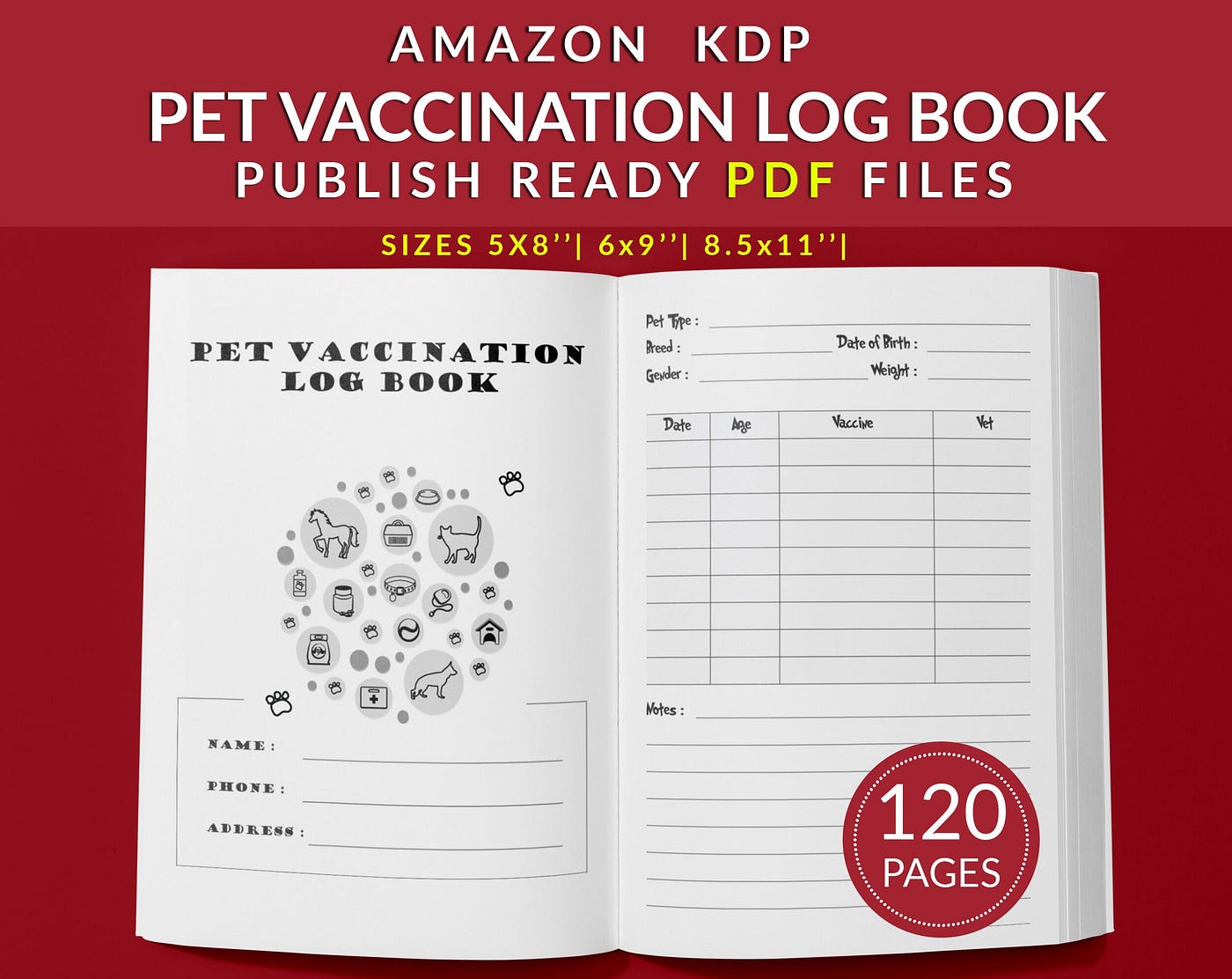 Pet Vaccination Log Book 120 pages Ready to Upload PDF Commercial use Low Content tracker or Vet…