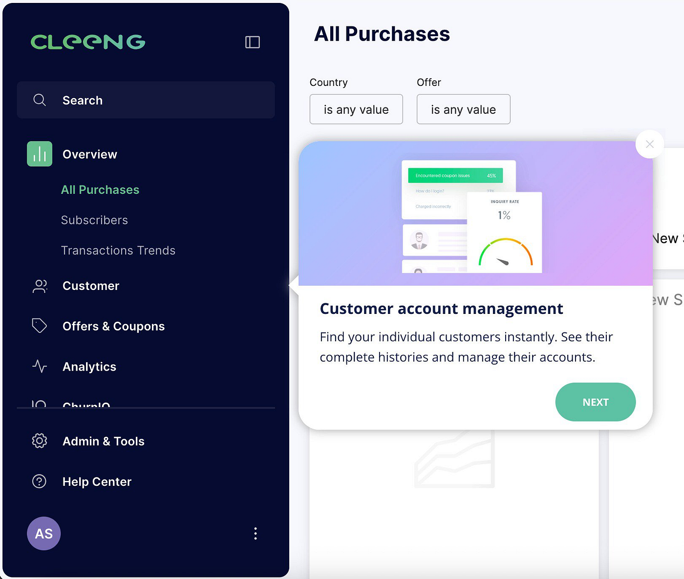 A tooltip explaining the key function of the “Customer” tab.